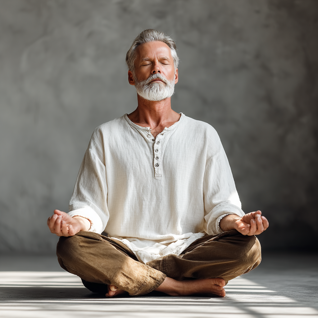 Smiling middle-aged Ukrainian woman in comfortable yoga attire sitting in lotus pose in a bright, peaceful studio with natural lighting