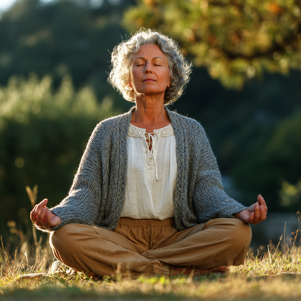 Elderly Ukrainian man and woman practicing gentle yoga poses together outdoors in a park setting, both smiling and looking content