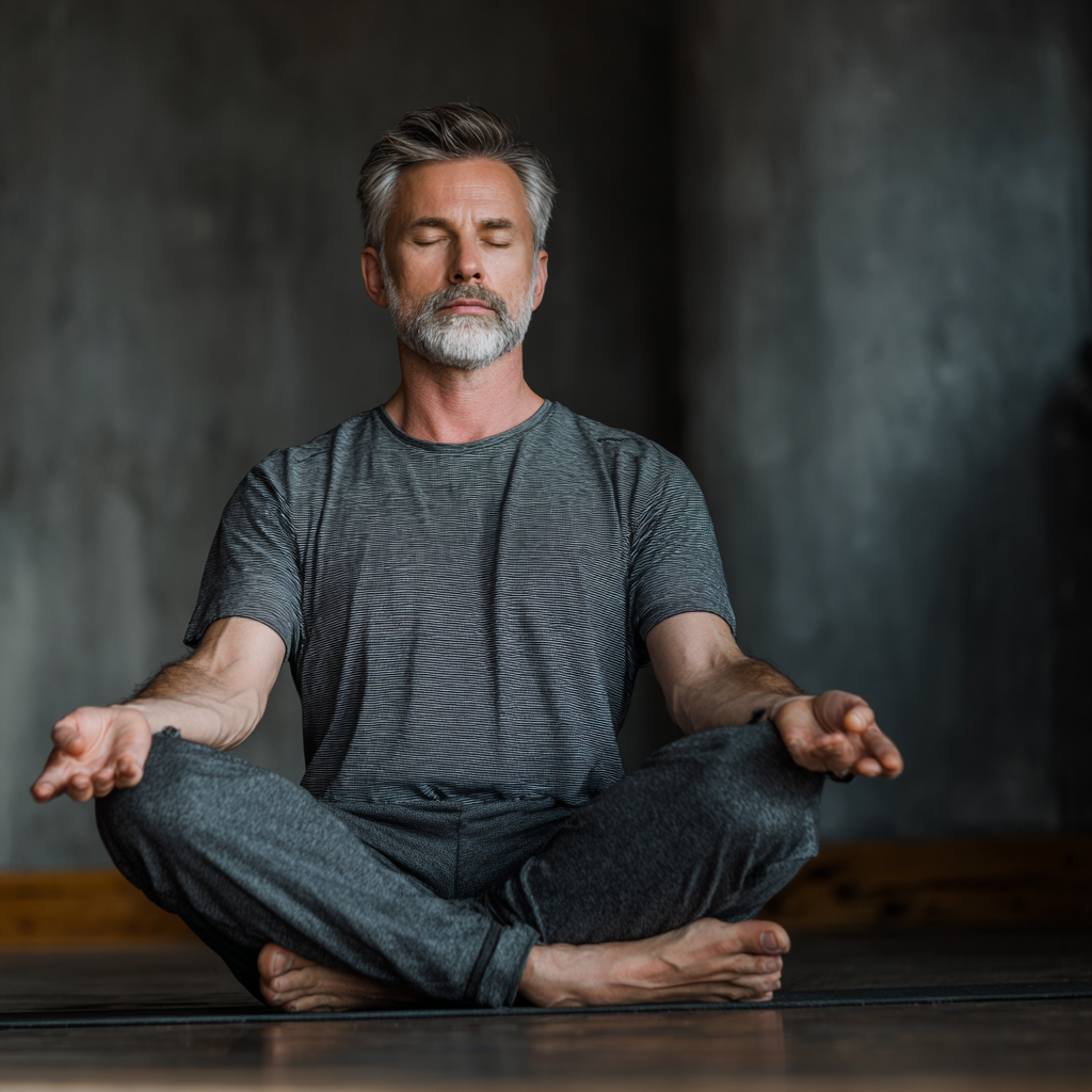 Group of diverse Ukrainian adults of different ages smiling and sitting in meditation pose together in a bright yoga studio with plants and natural light